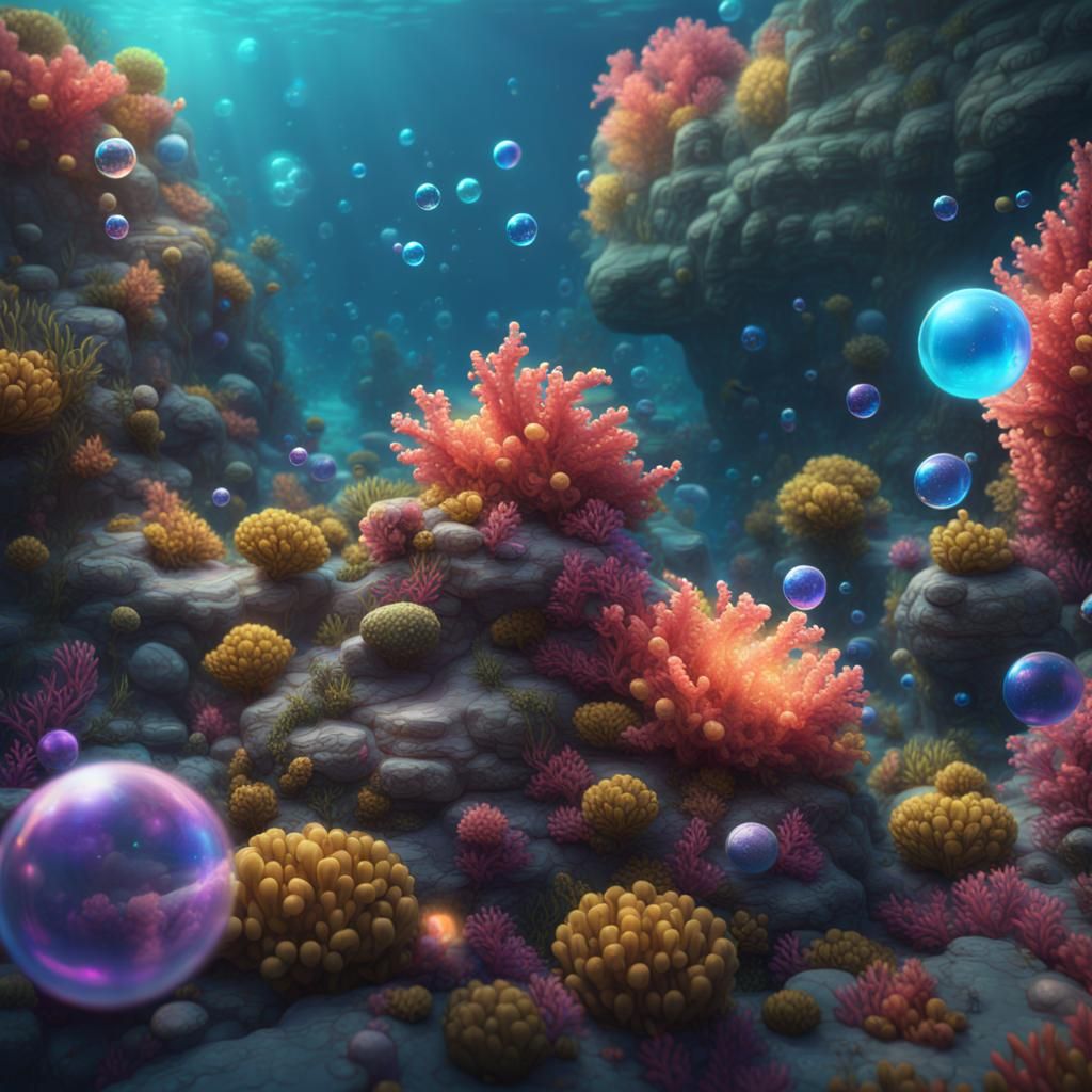 Underwater Coral Reef Cat with Rainbow Orbs