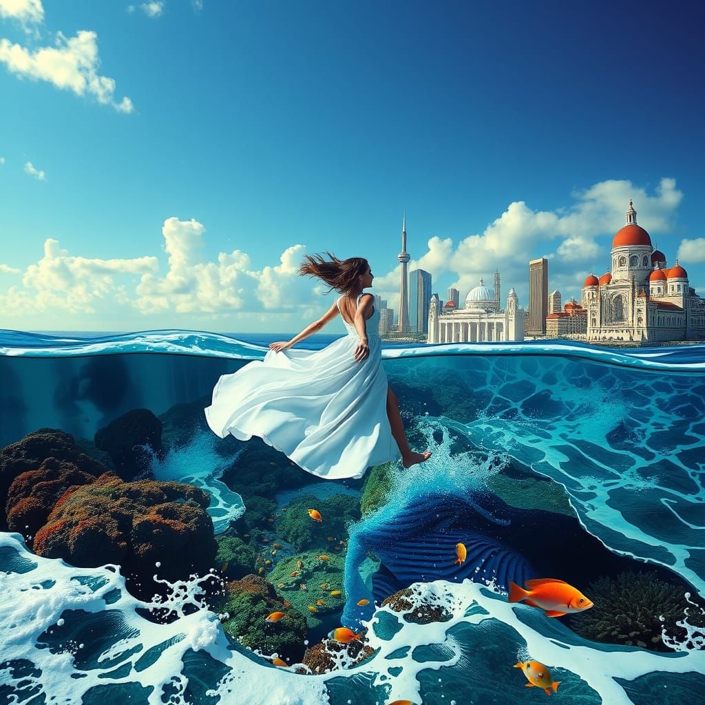 Surreal Underwater Cityscape with Girl Running on Waves
