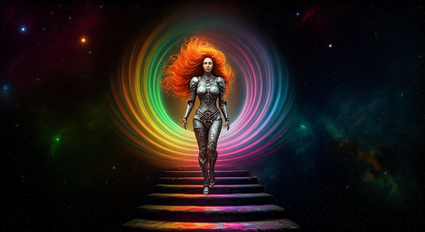 Regal Woman Ascends Cosmic Rainbow Stairway
