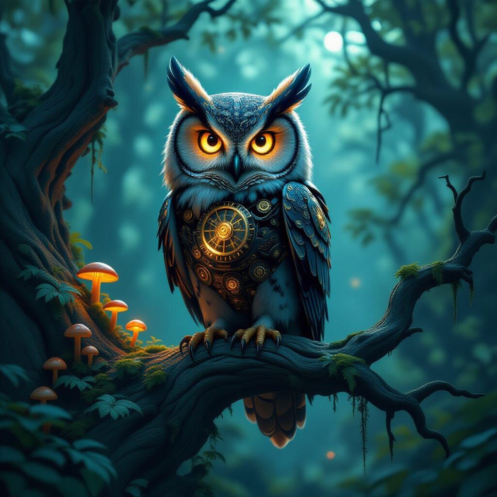Majestic Clockwork Owl with Glowing Eyes in Bioluminescent F...