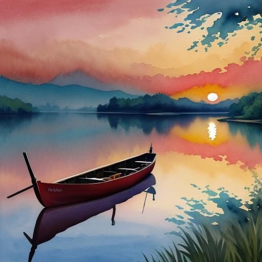 Sunset River Reflection in Gouache Style