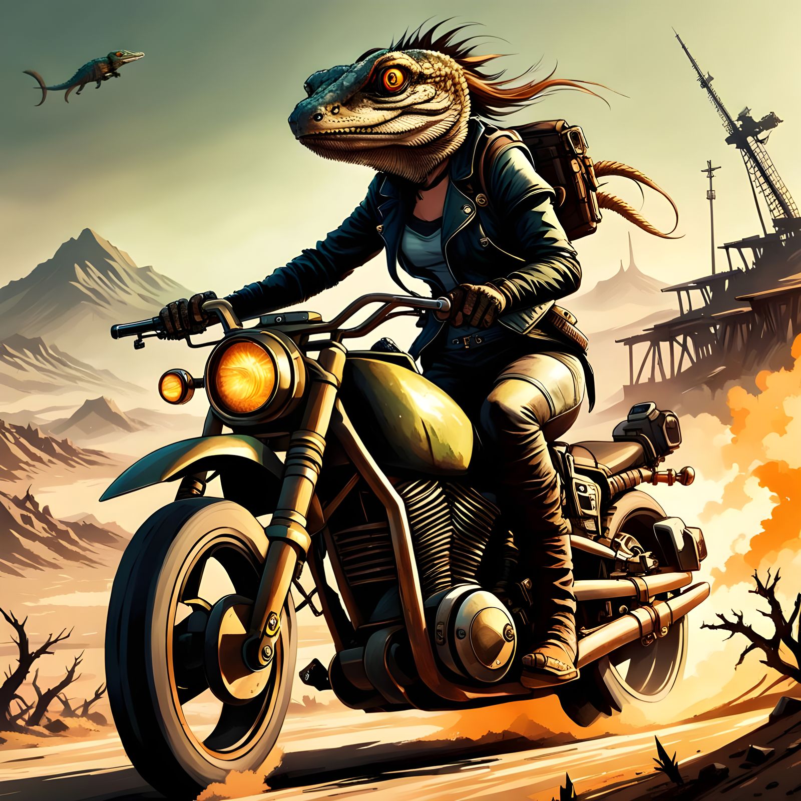 Post-Apocalyptic Lizard Rider on Wasteland Journey
