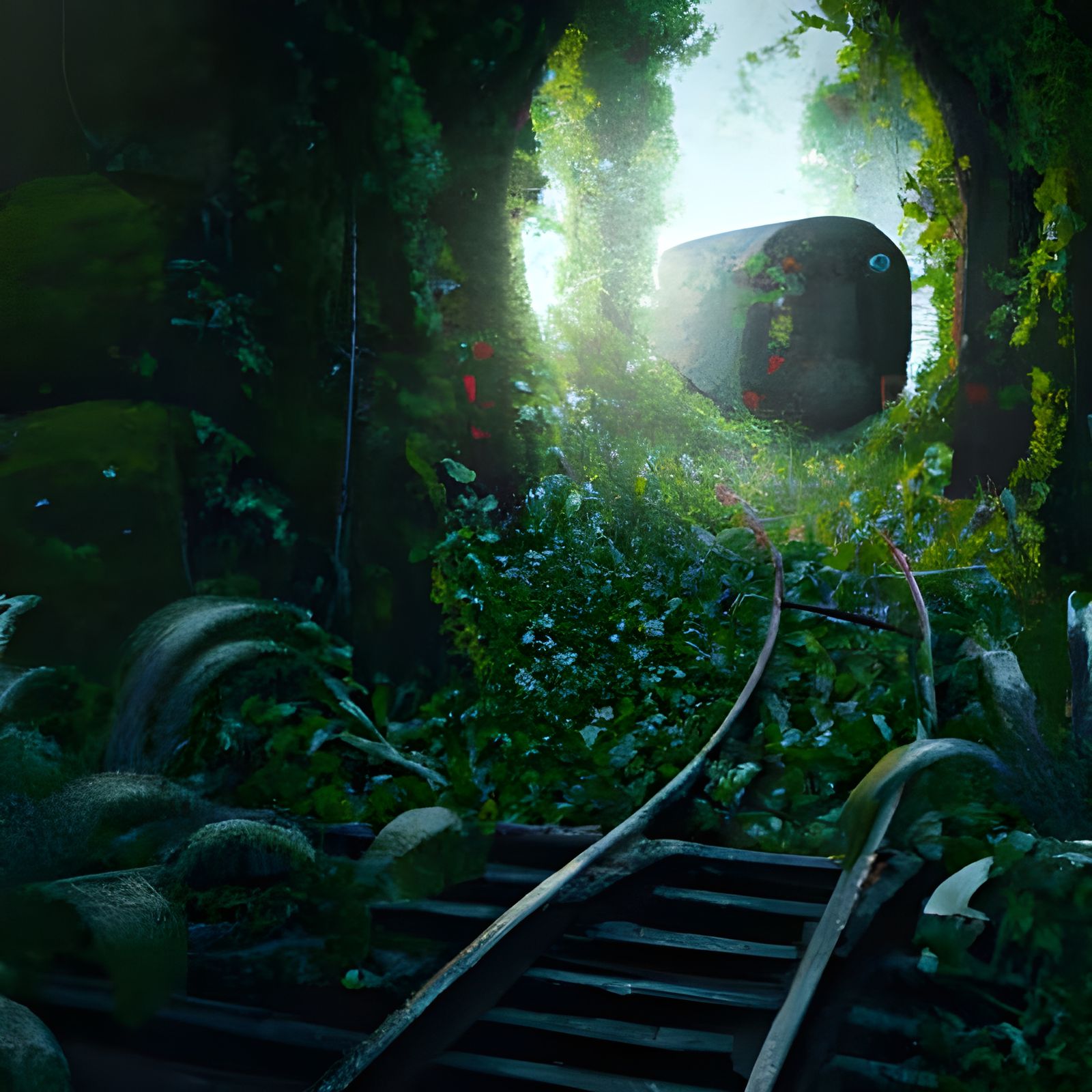 Dramatic Train Emerges from Dark Forest Tunnel