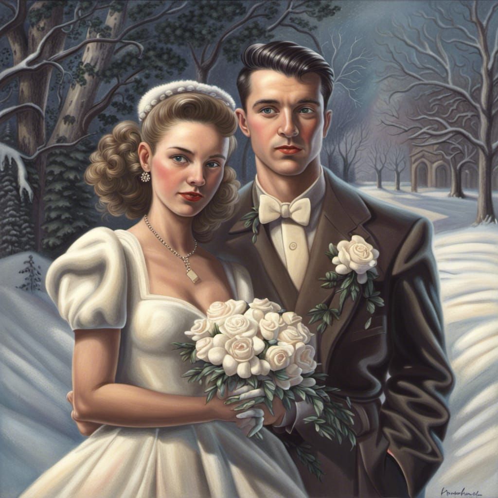 1940s Newlyweds in Snowy Pastel Painting