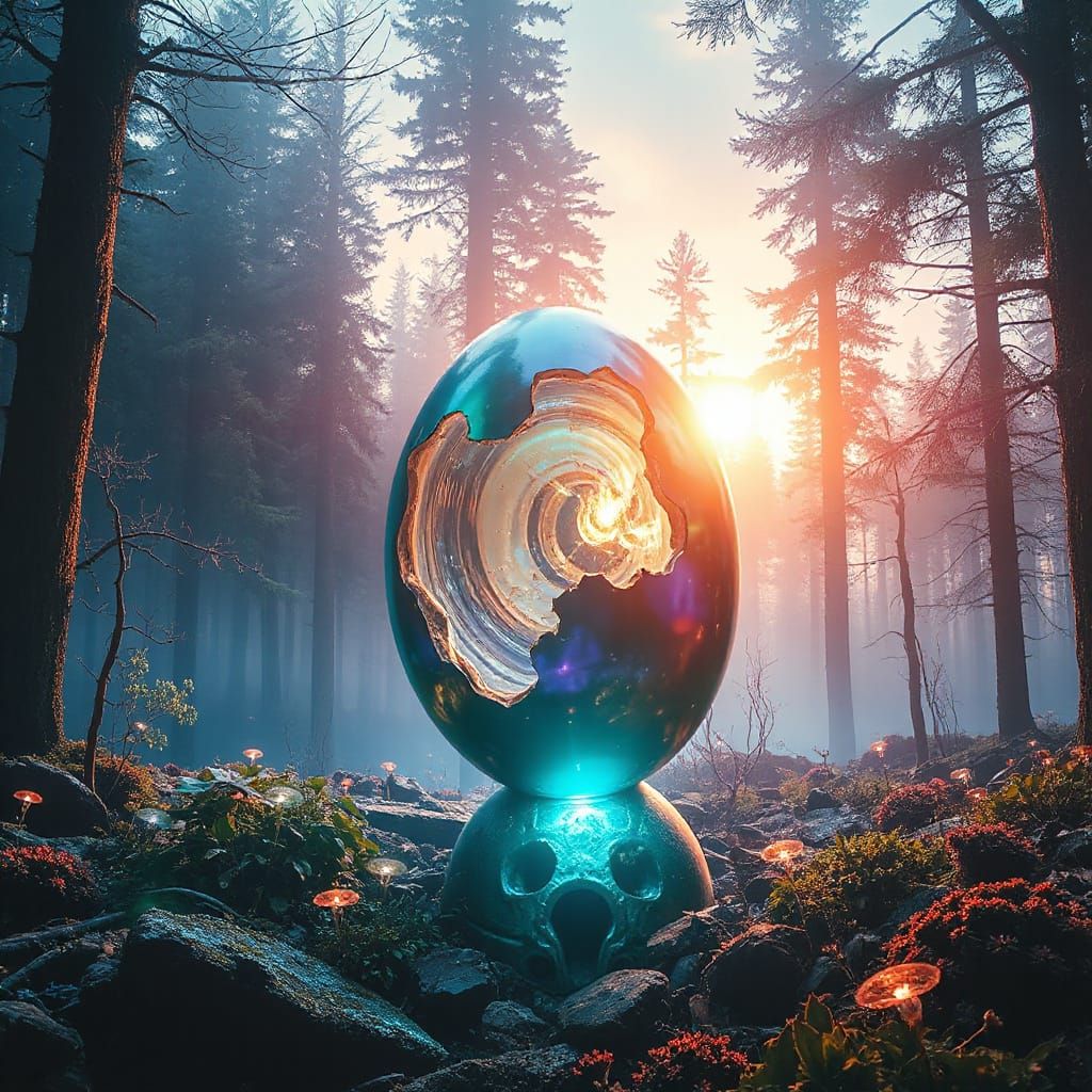 Surreal Biomechanical Egg Cracks Open in Dreamlike Forest