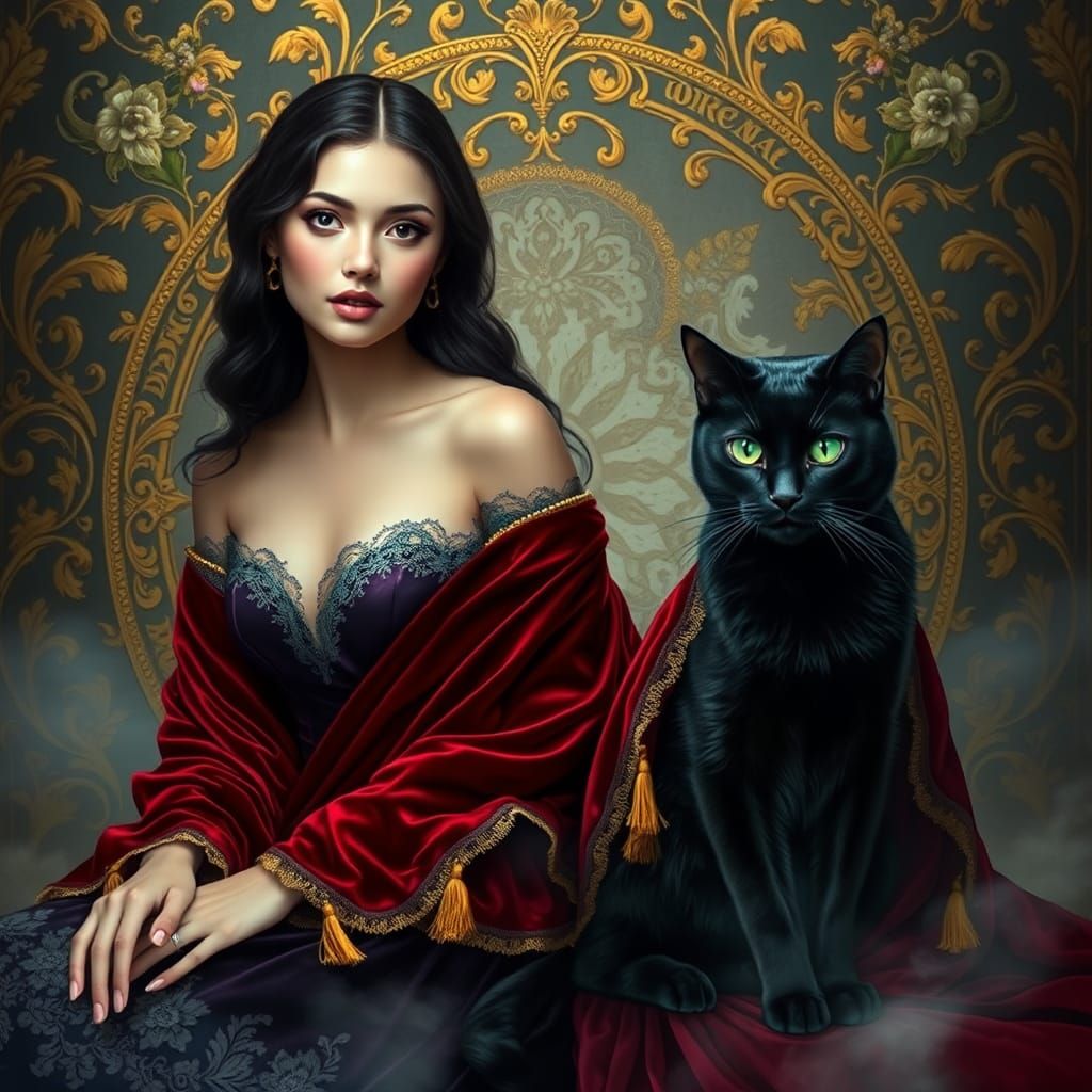 Woman and Cat in Baroque Fantasy Style