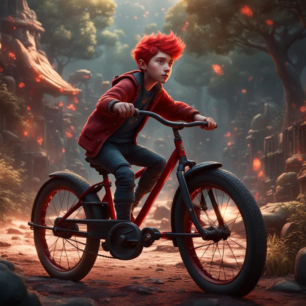 Red-Haired Boy on Bicycle: Detailed Matte Painting