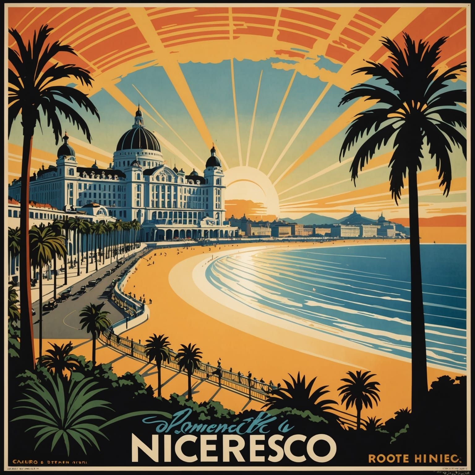 Art Deco Travel Poster of Nice at Sunset