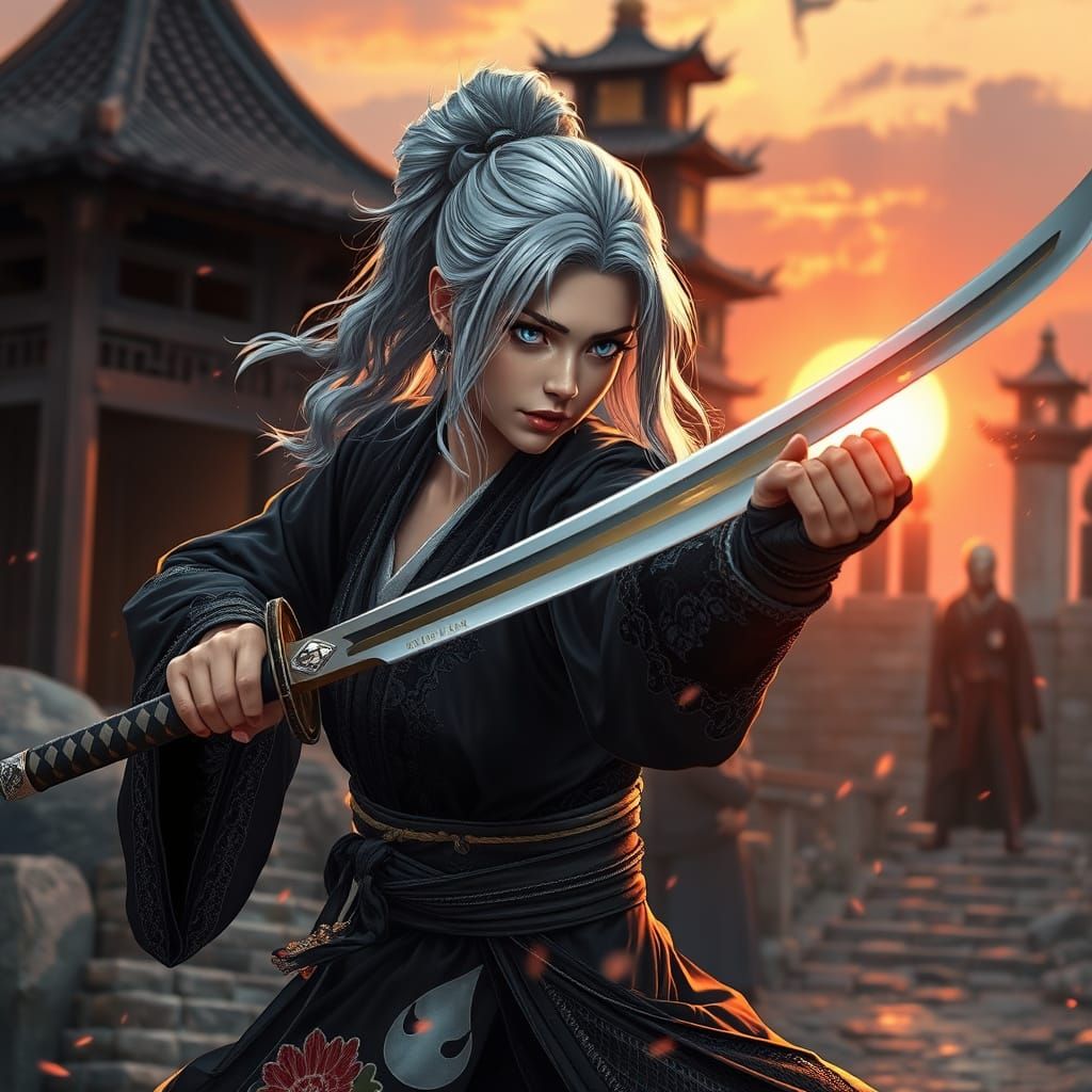 Female Samurai Duel in Japanese Castle Ruins