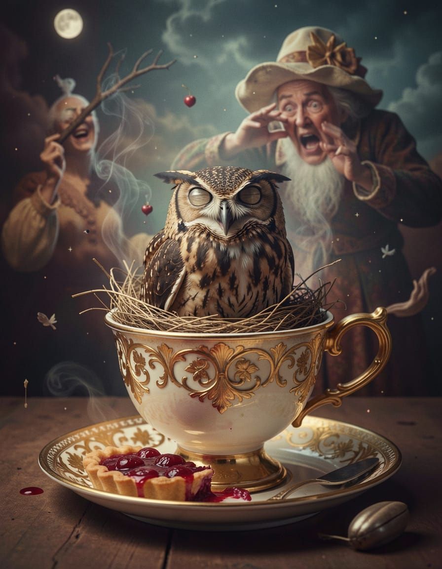 Surreal Owl in Filigree Teacup - Fine Art Photography