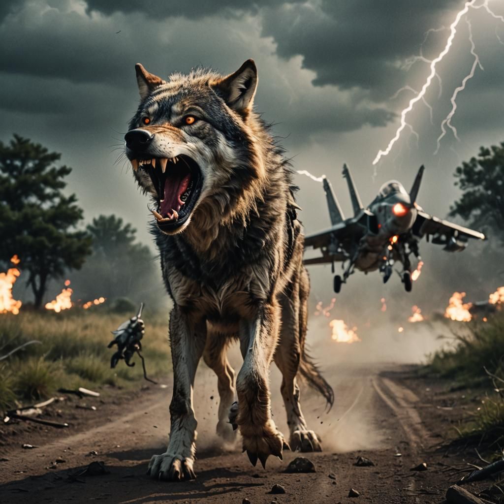 Scary Alpha Wolf Roaring with Lightning