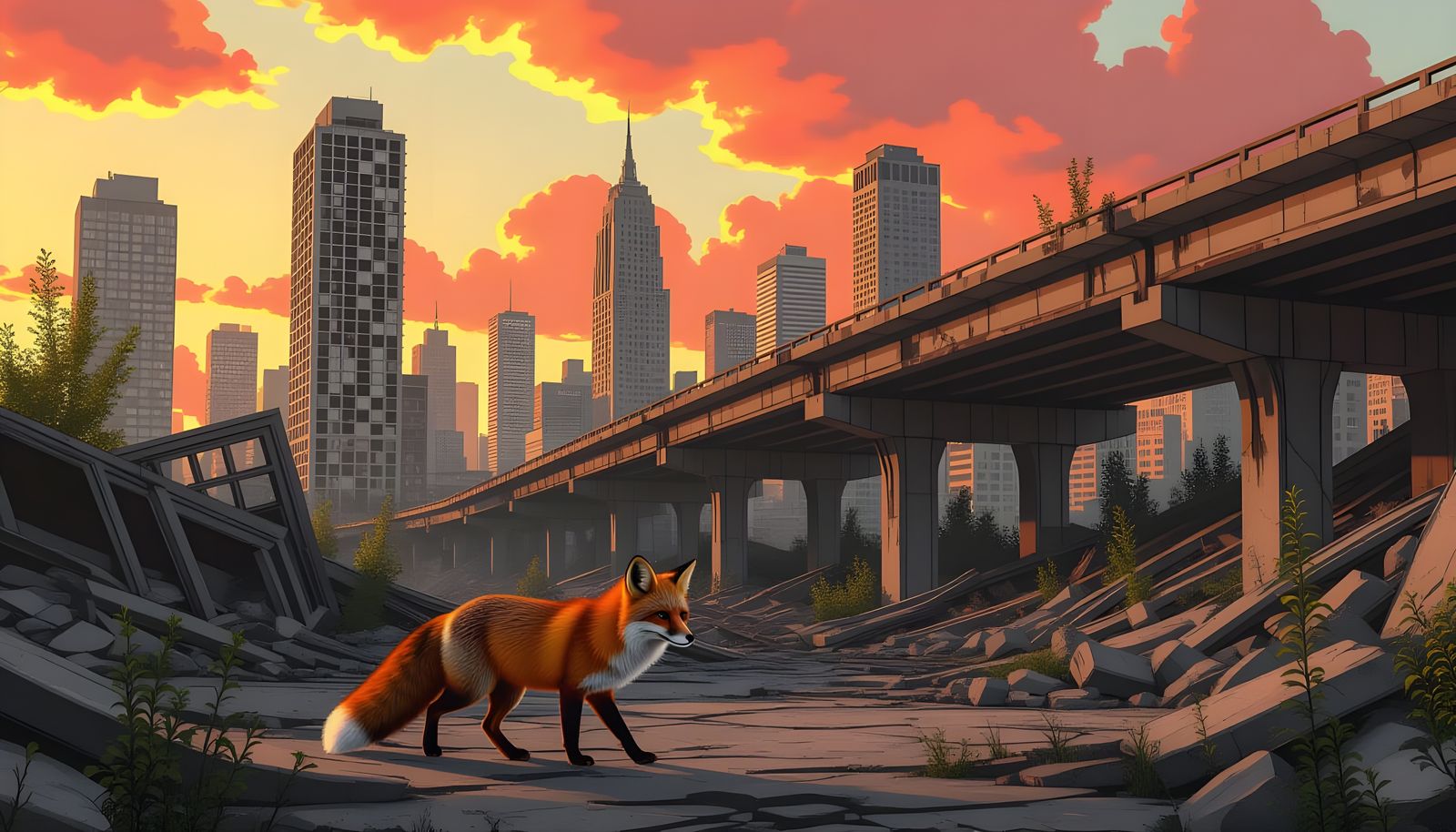 Red Fox Wandering Through Abandoned Cityscape