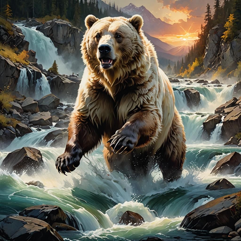 White Grizzly Bear Salmon Catch in Matte Painting Style