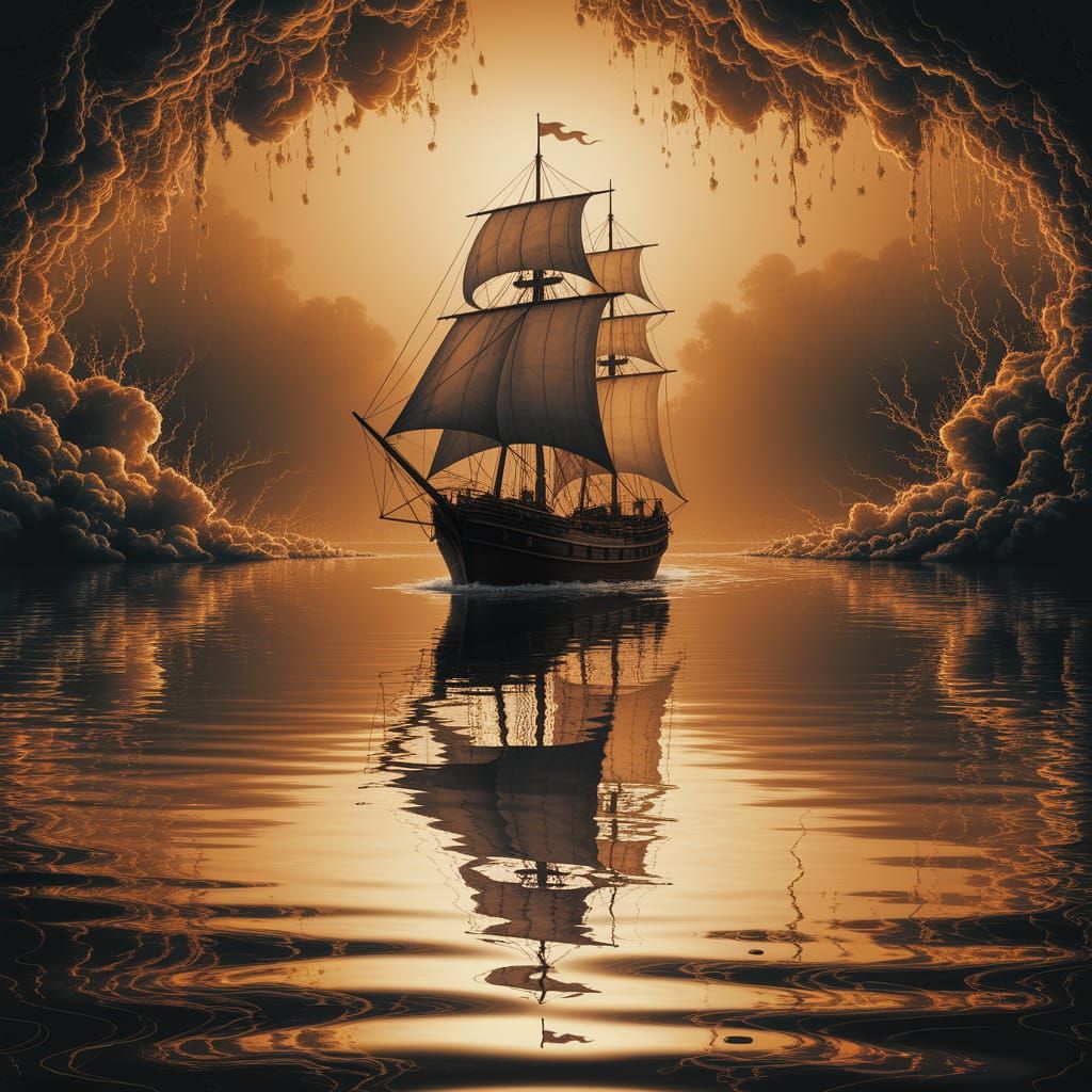 Golden Waterscape with the Flying Dutchman in Ethereal Repos...