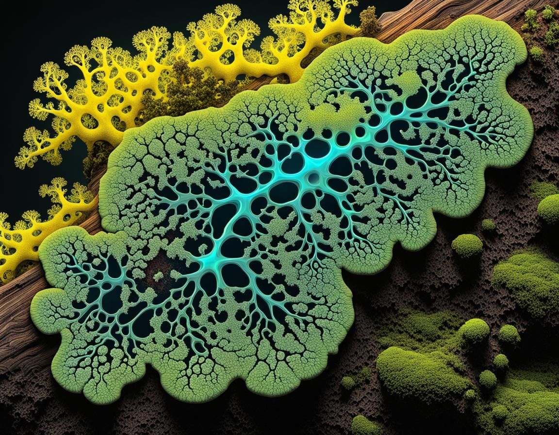 Luminescent Fractal Slime Mold on Mossy Log
