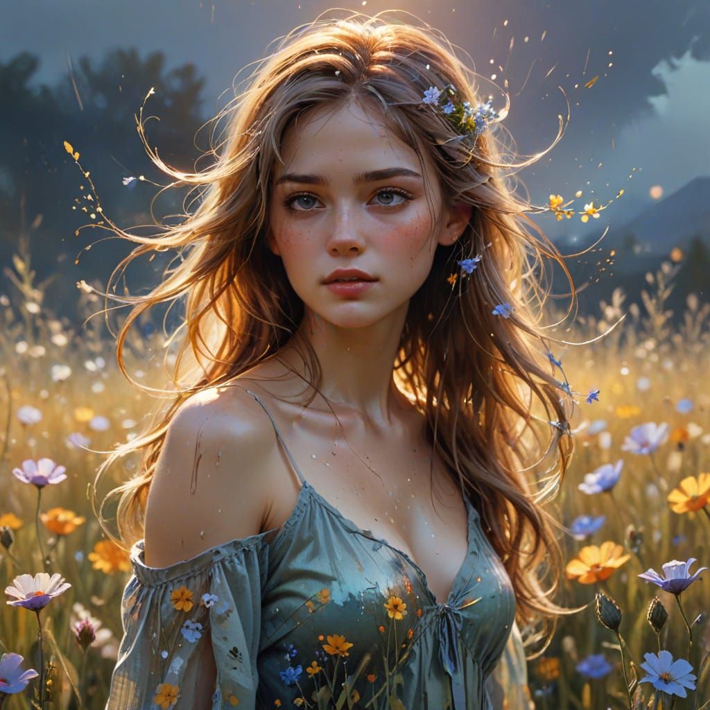 Ethereal Girl in Flower Field: Watercolor Splash Art