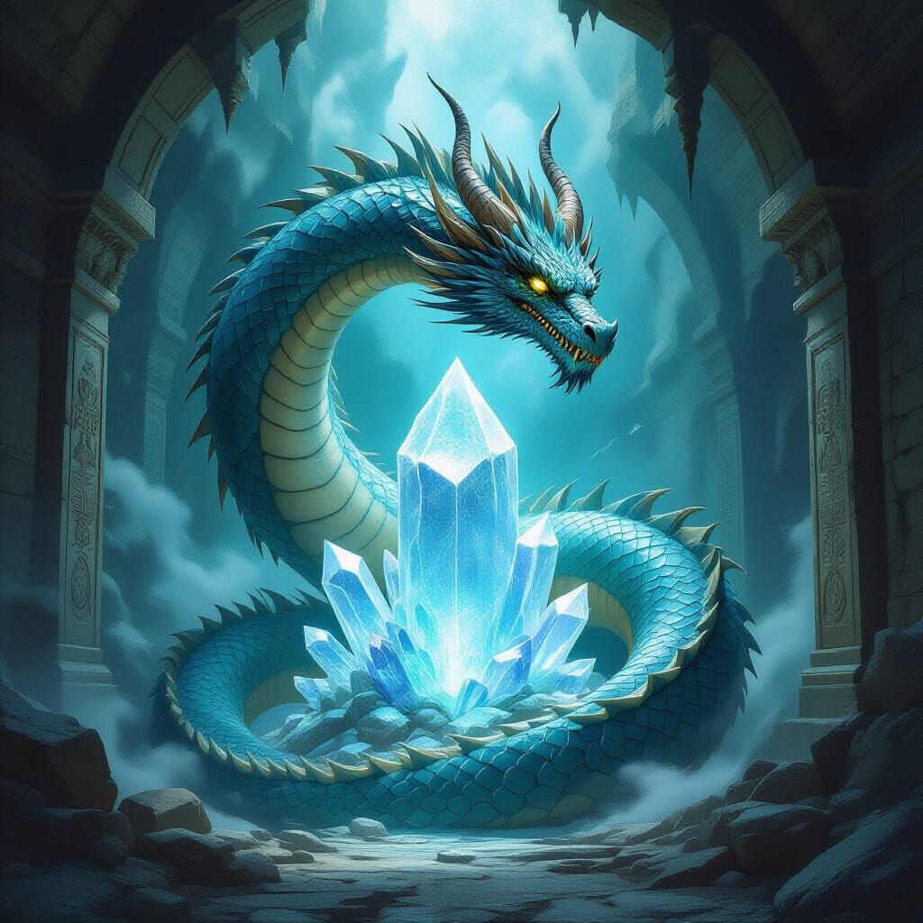 Ancient Dragon Guards Crystal in Epic Fantasy Temple