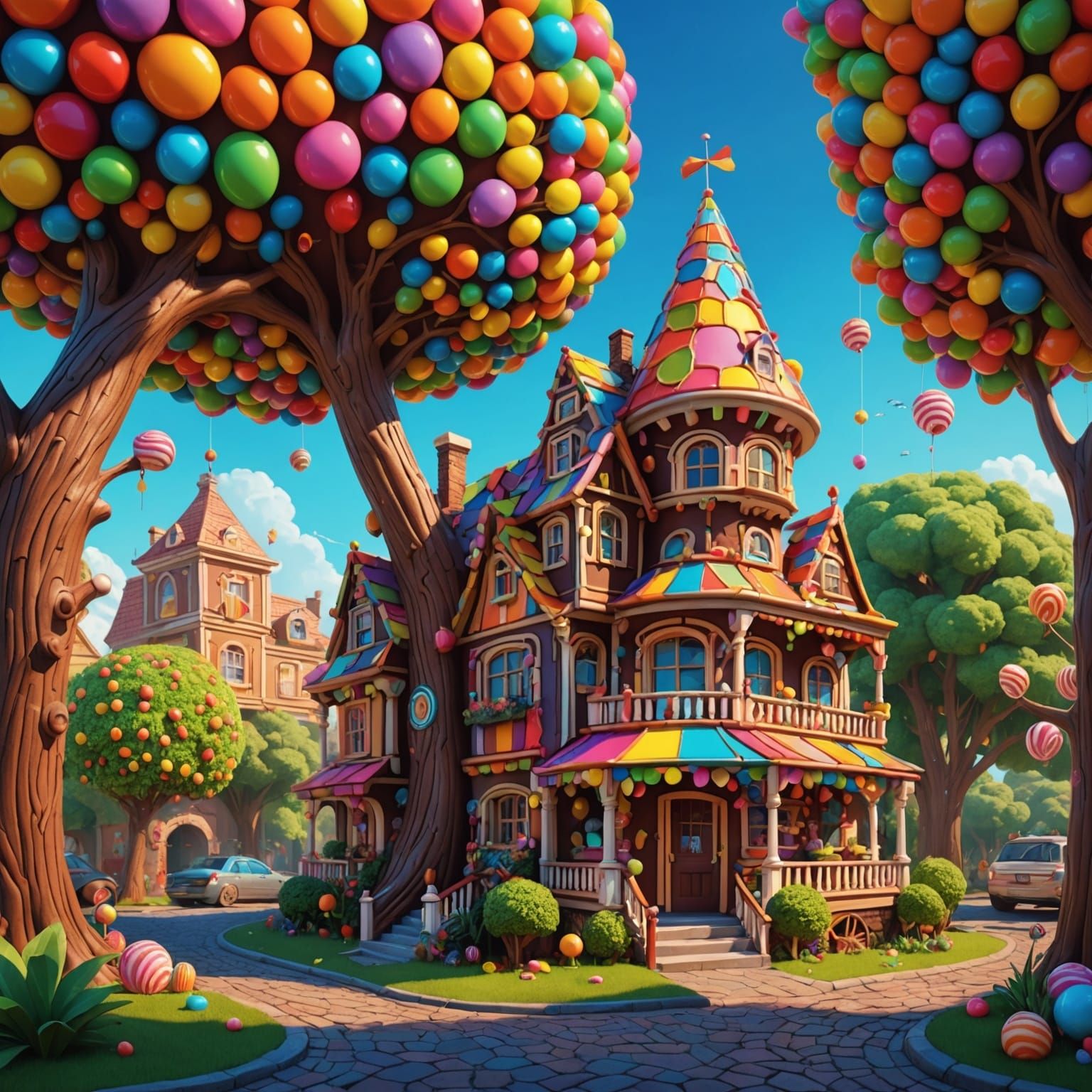 Candy House with Toucans in Hyperrealistic Style