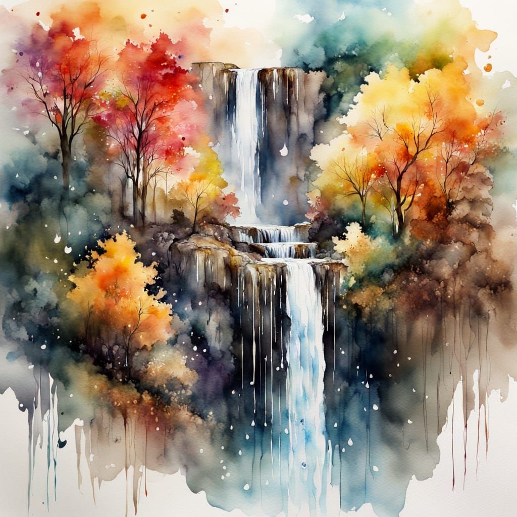 Vibrant Watercolor Waterfall in Autumn Style