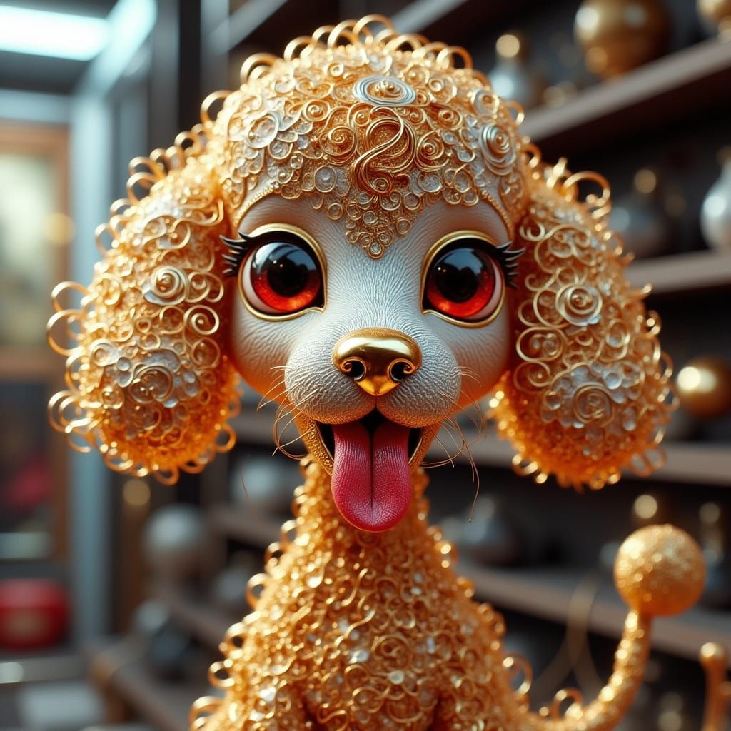 Shimmering Metallic Poodle in Retro-Futuristic Hardware Stor...
