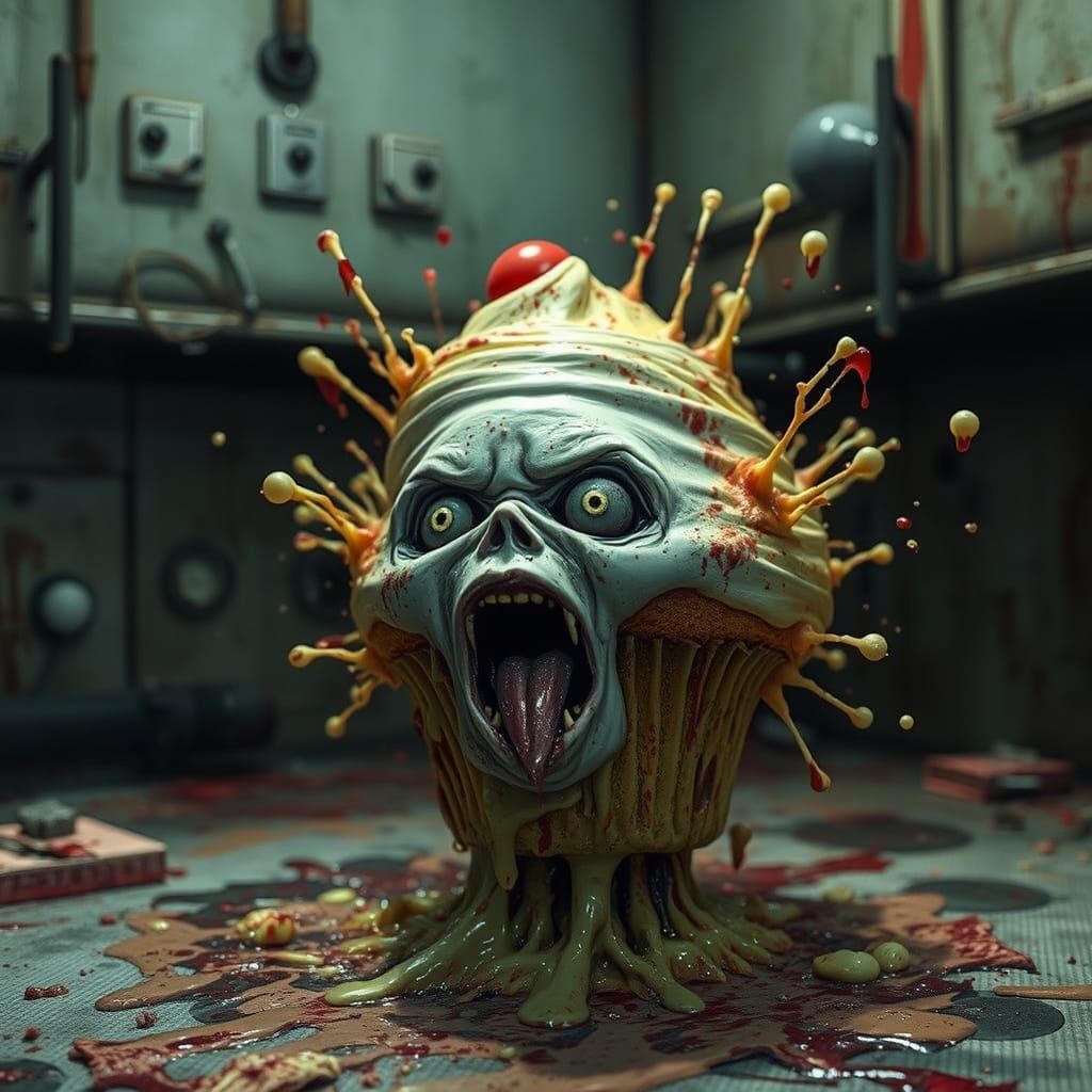 Creepy Exploding Doll Cupcake in Surreal Horror Style
