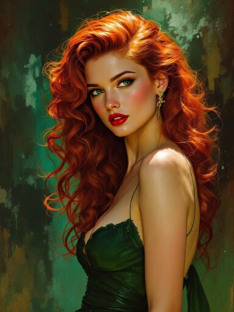 Pin-Up with Red Hair in Impasto Painting Style