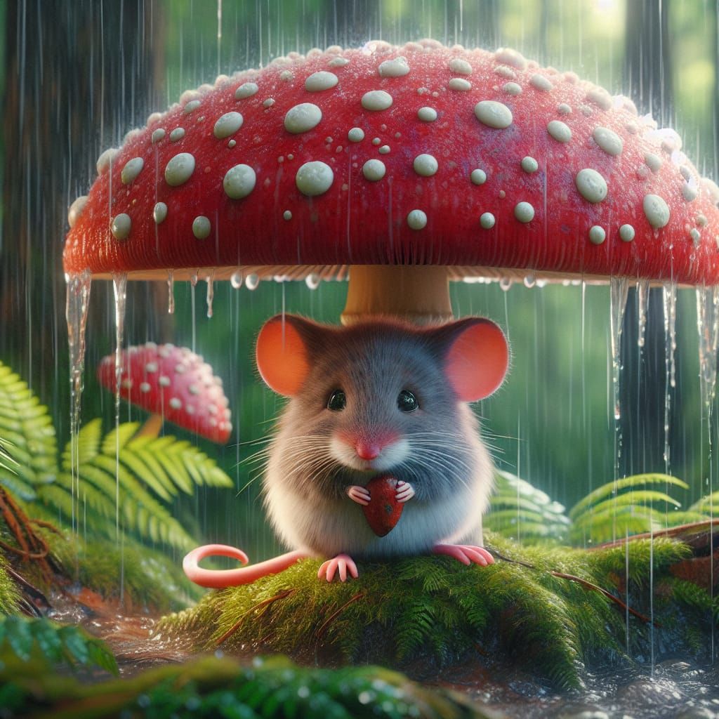 Mouse and Mushroom Shelter on Rainy Day