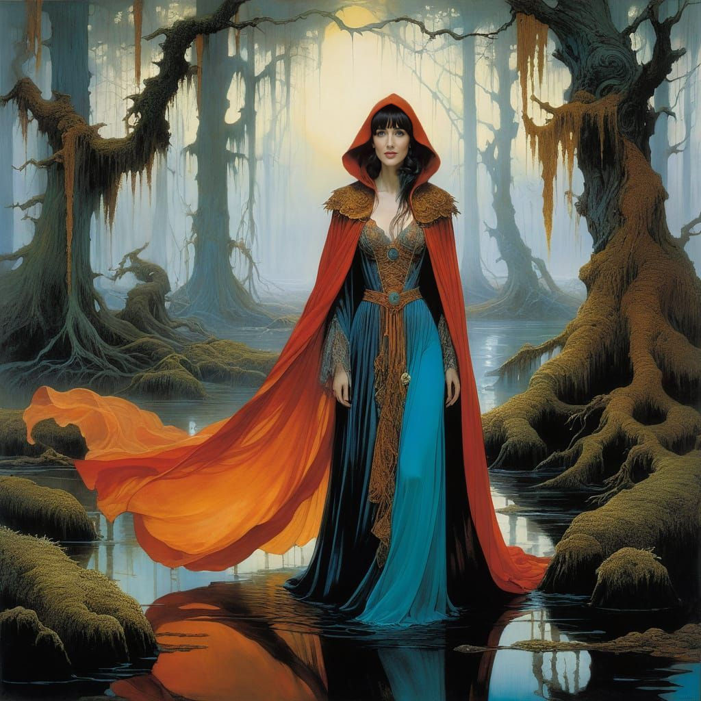 Woman Attacked by a Swamp Mongrel in Intricate, Vivid Colors