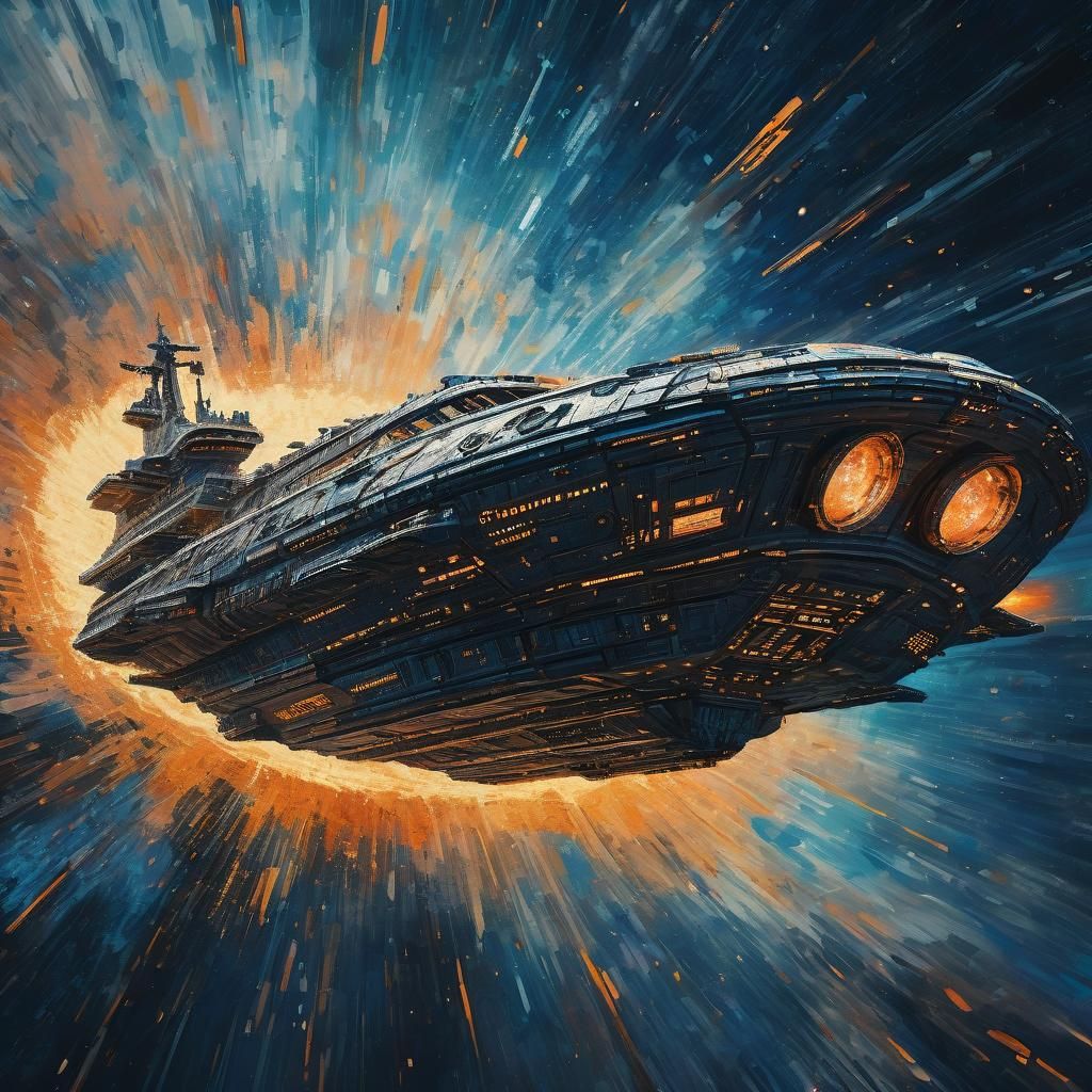 Spaceship Hurling Through Wormhole in Gouache Style