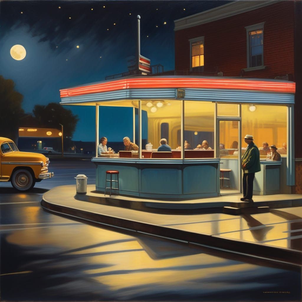 Hopper-Inspired Diner Scene in Moonlit Realism