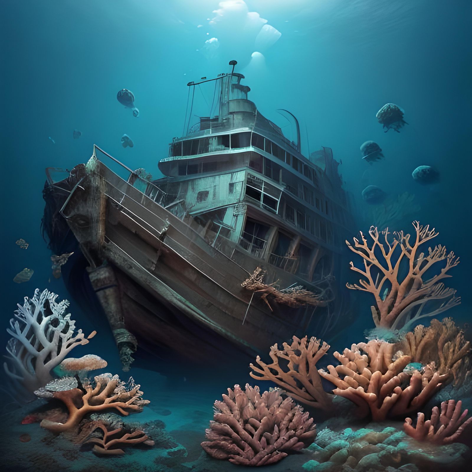 Underwater Shipwreck Scene with Coral and Jellyfish