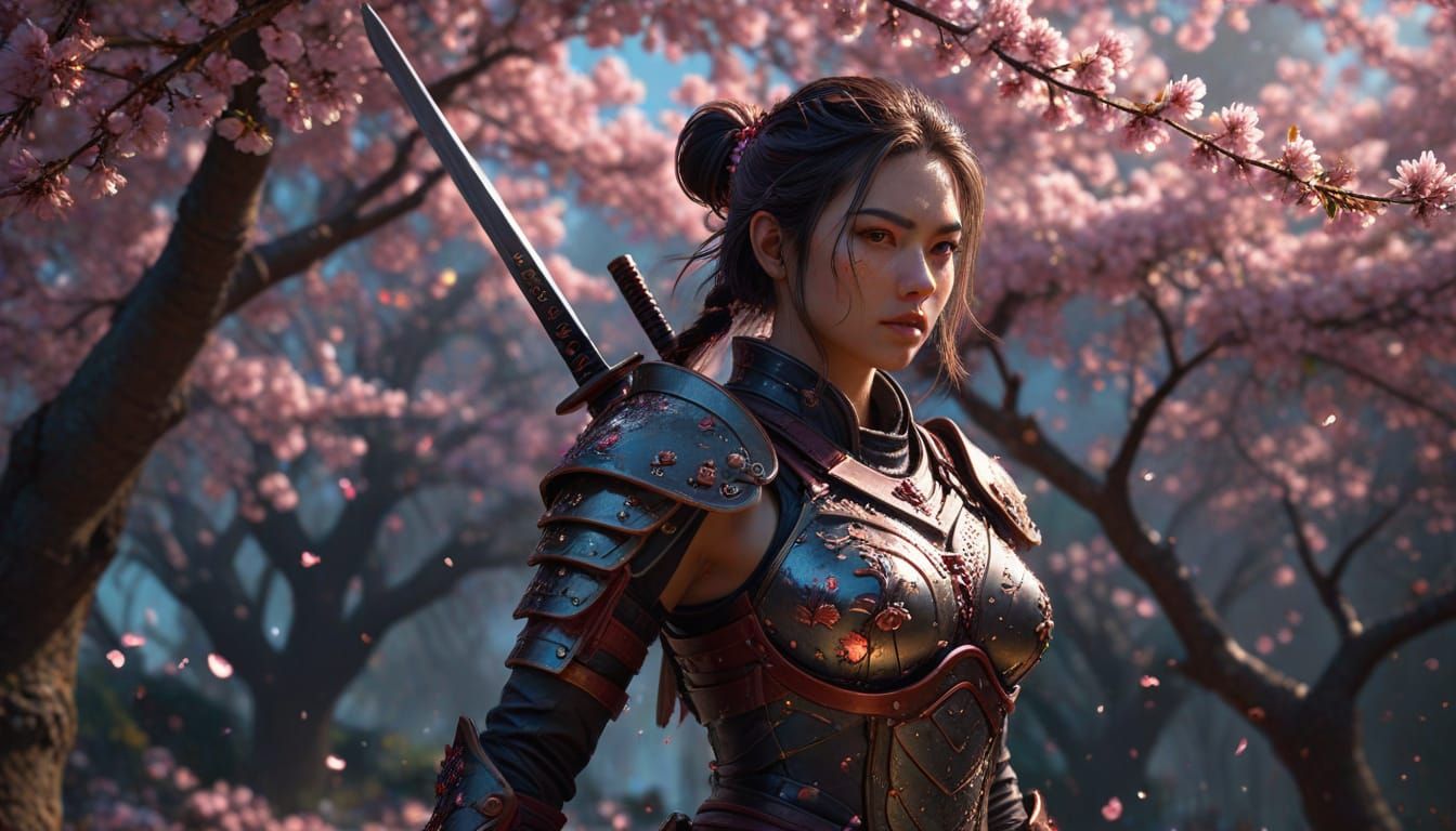 Warrior Girl in Cherry Blossom Garden: Splash Art