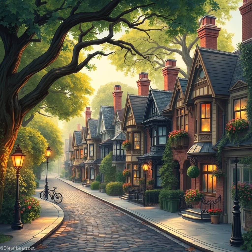 Dreamy Victorian Village Scene in Ethereal Style