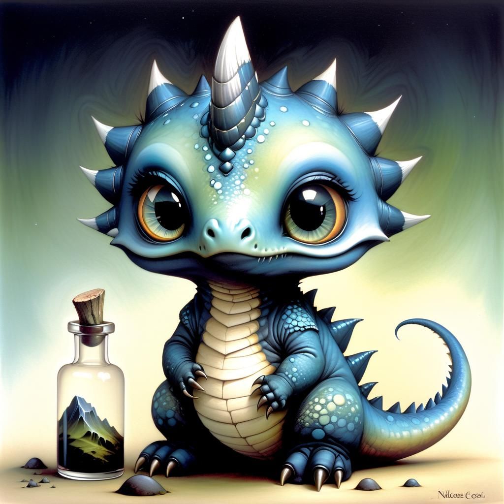 Surreal Dwarf Dinosaur in Alcohol Ink Style