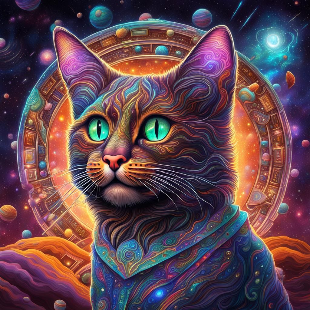 Chocolate Cat in Holographic Astral Illustration