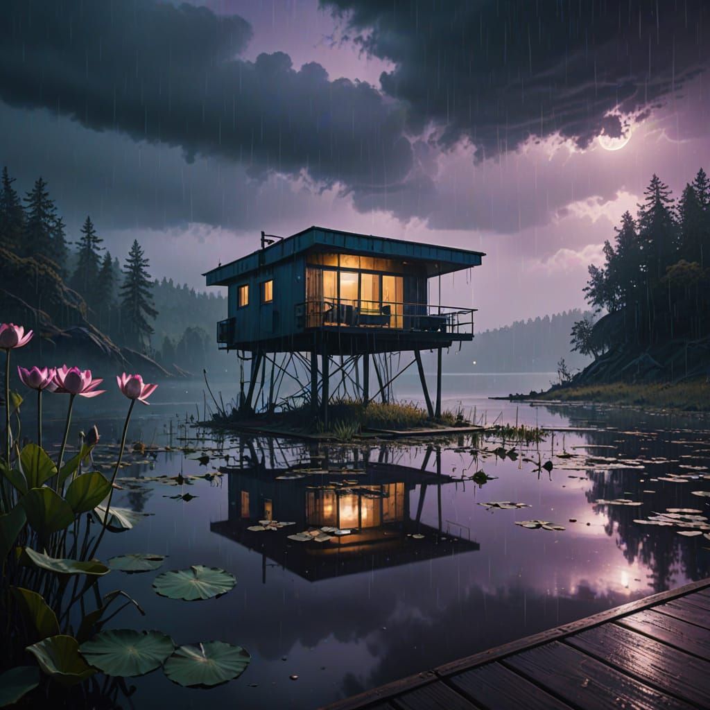 Futuristic Cabin Amidst a Stormy Lotus-Filled Lake