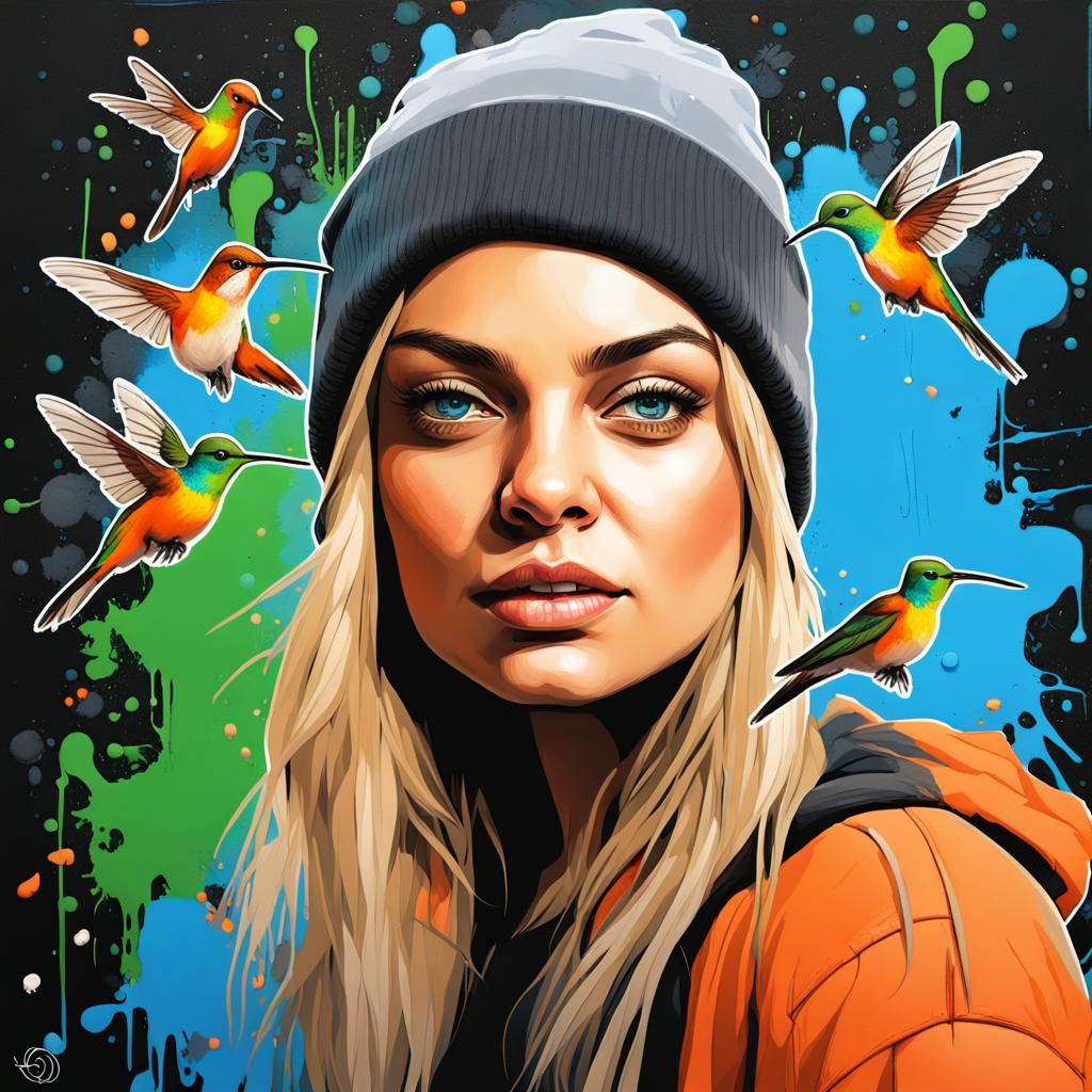 Blonde Woman in Graffiti Art with Fairy Lights