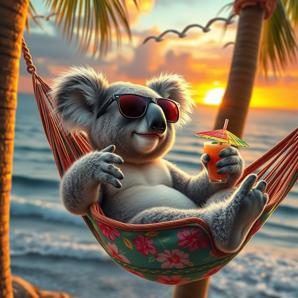 Hyperrealistic Koala Portrait in Hammock at Sunset