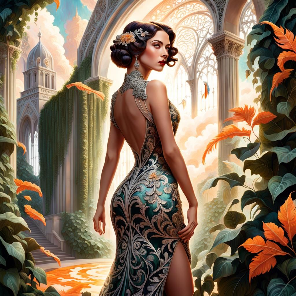 Ornate Woman in Art Deco Garden