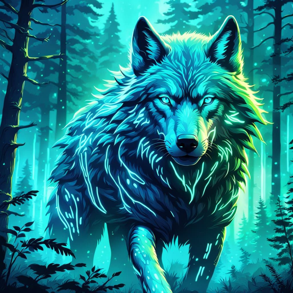 Bioluminescent Wolf Running Through a Neon Forest
