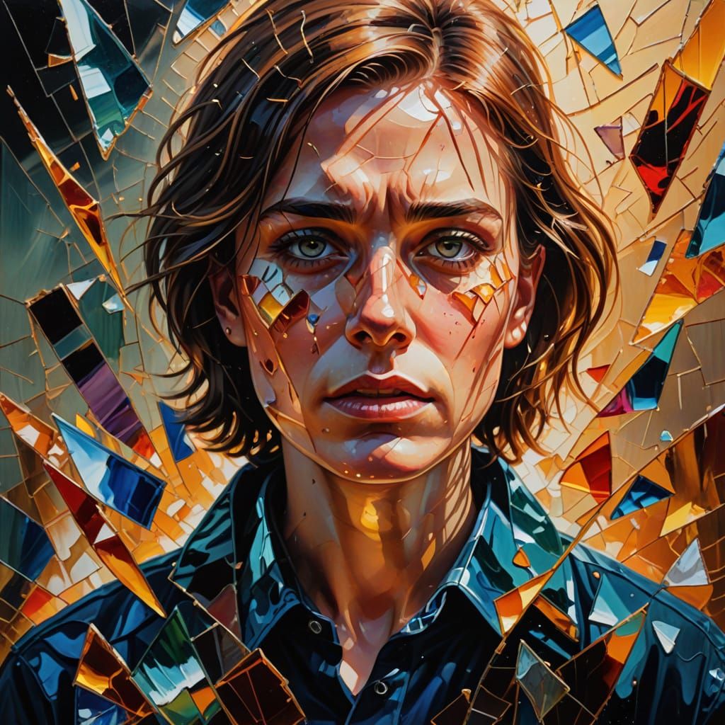 Person Amidst Broken Glass in Surreal Oil Painting