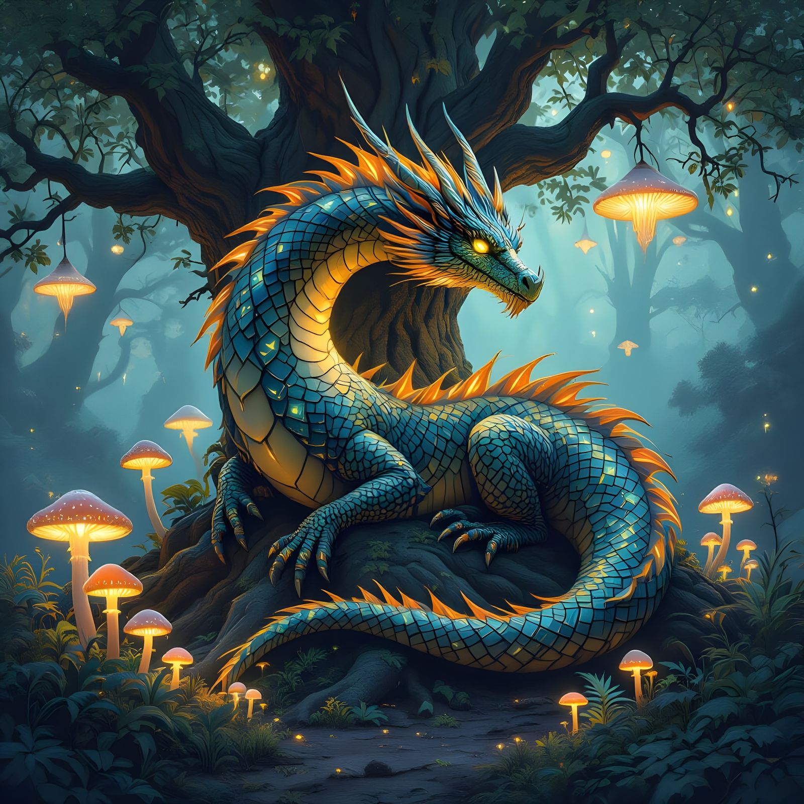 Bioluminescent Dragon in Enchanted Forest, Hyperrealistic Ar...