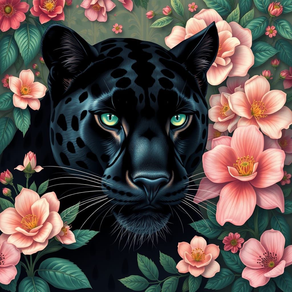Majestic Panther in Whimsical Floral Art Nouveau Landscape