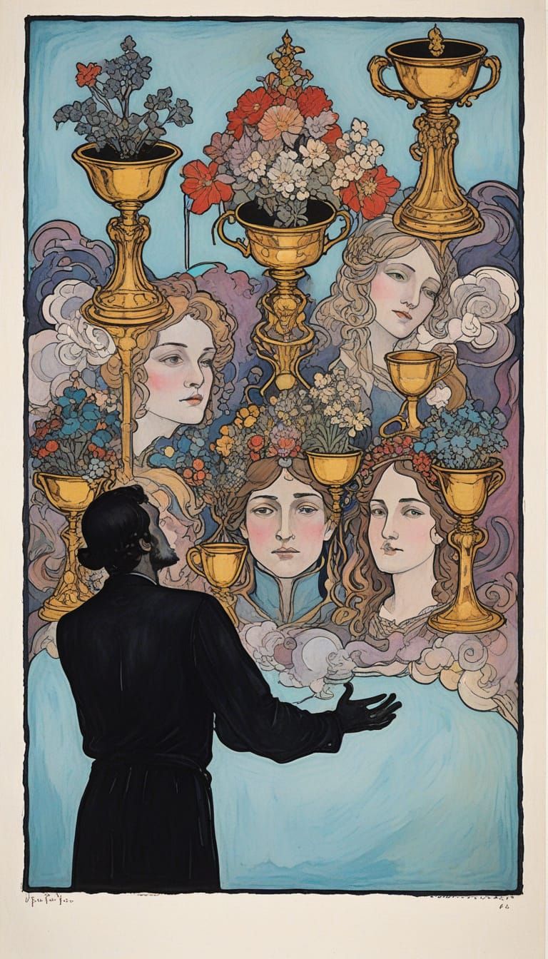 Mystical Virtues and Sins Emerge from Golden Cups in a Dream...