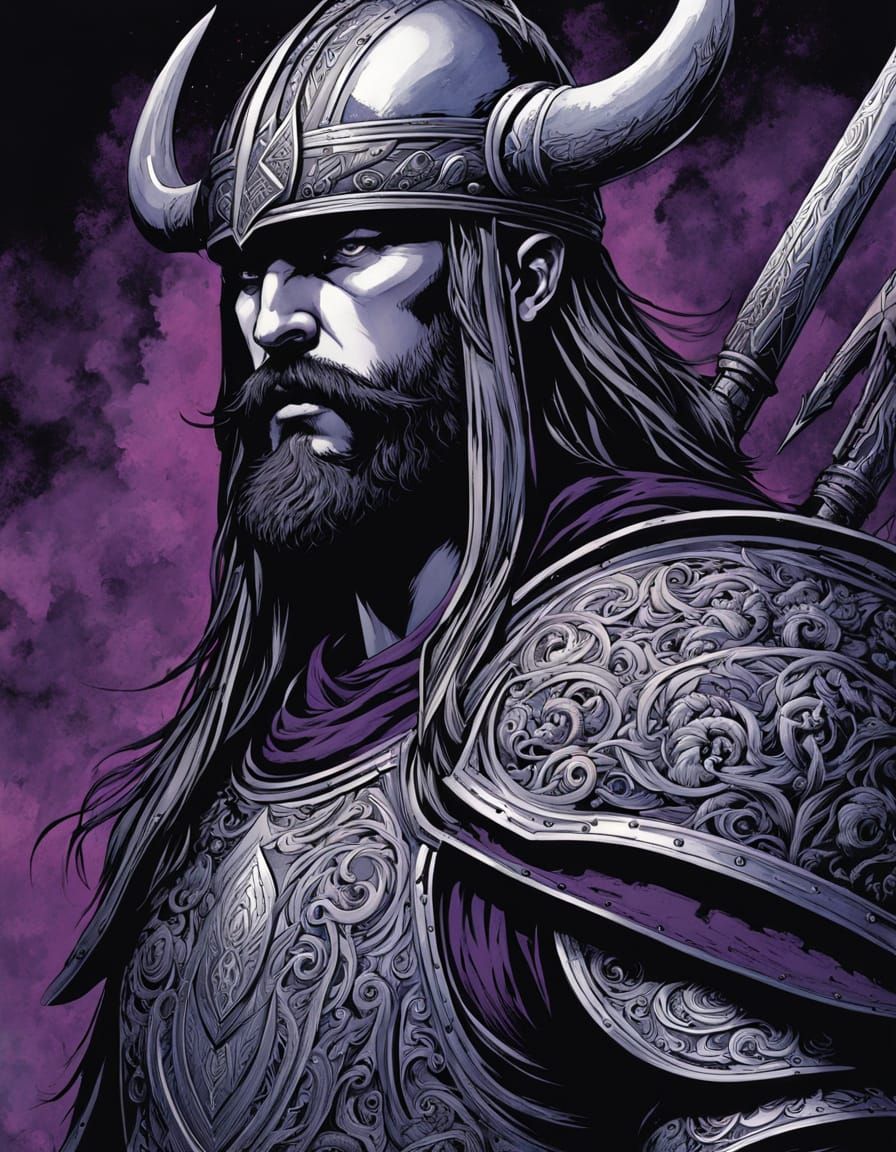 Dark Fantasy Warrior with Viking Axe, Ink Wash Style