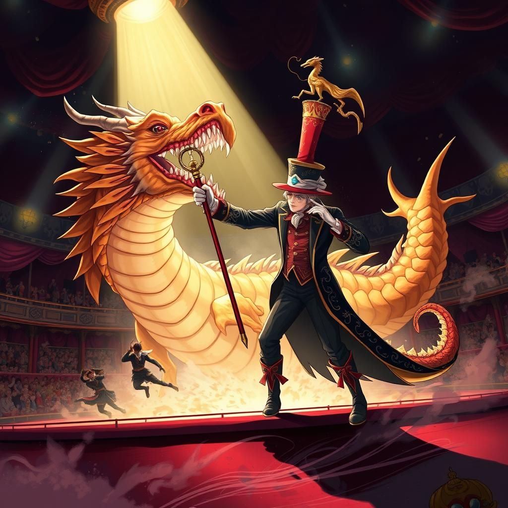 Ringmaster Taming Dragon in Anime Manga Style