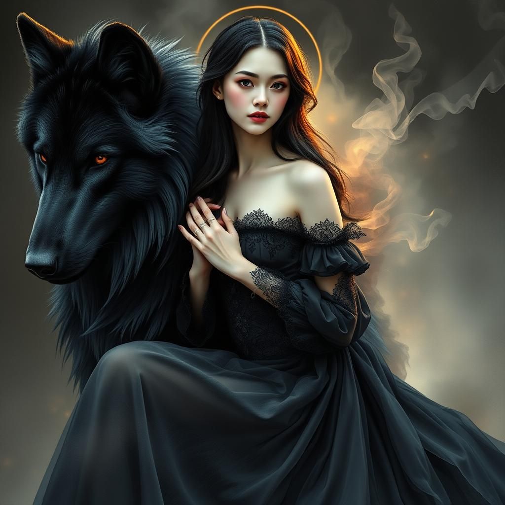 Woman on Black Wolf: Digital Watercolor Art