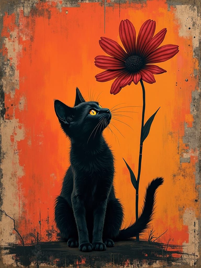 Cat Under Flower in Banksy & Penn Style