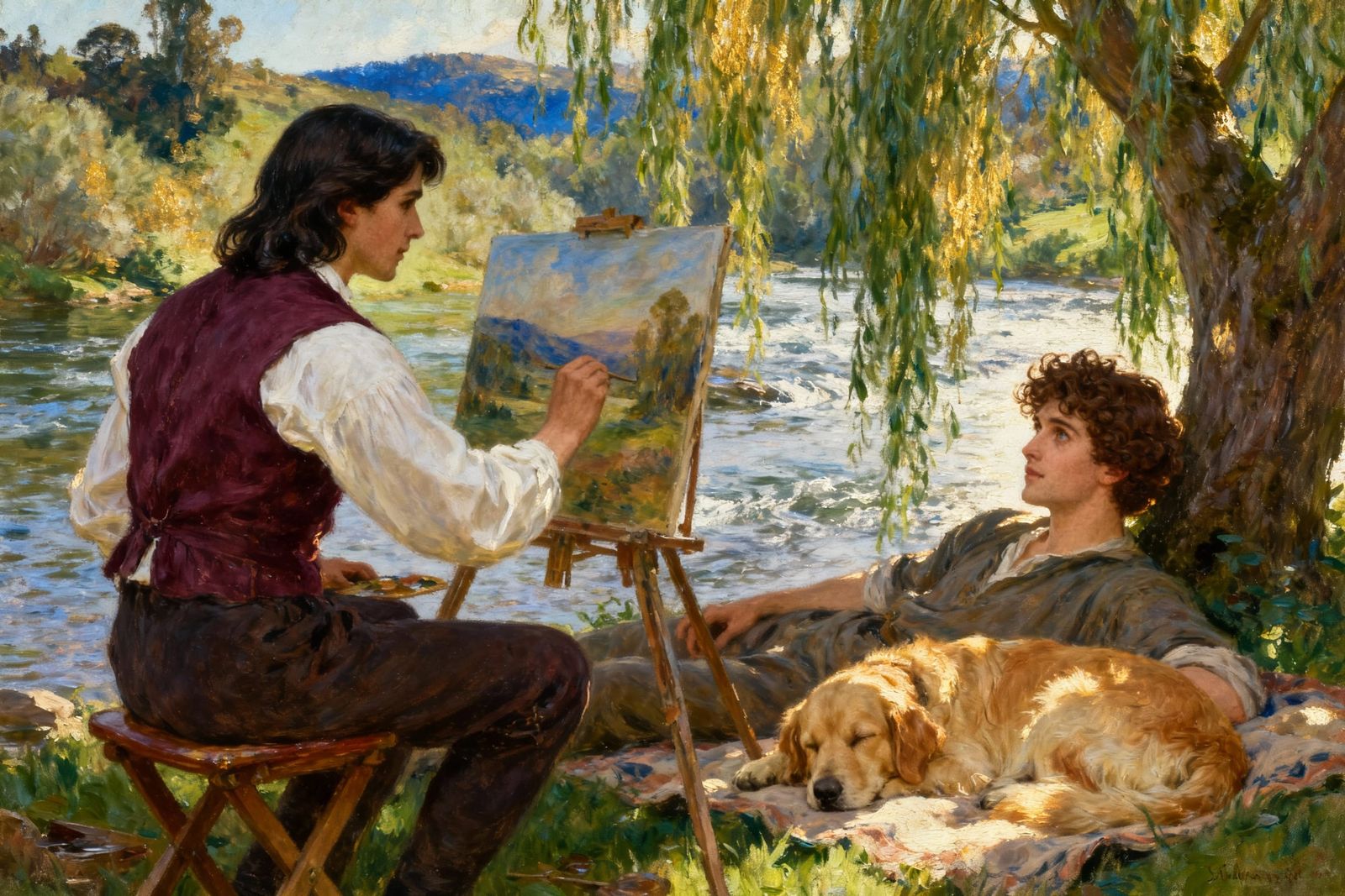 Romantic Realism Painting of Artist by River
