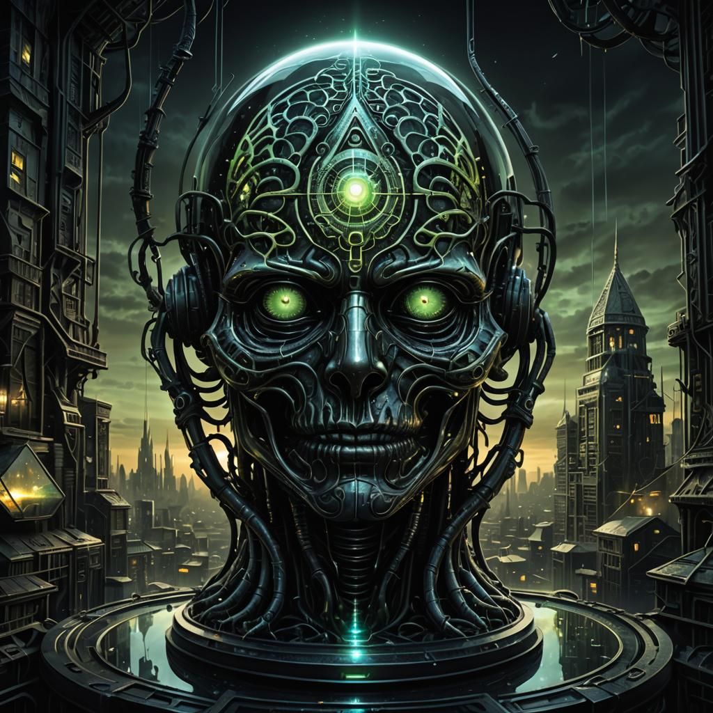 Biomechanical Eye Brain in Dystopian Cityscape
